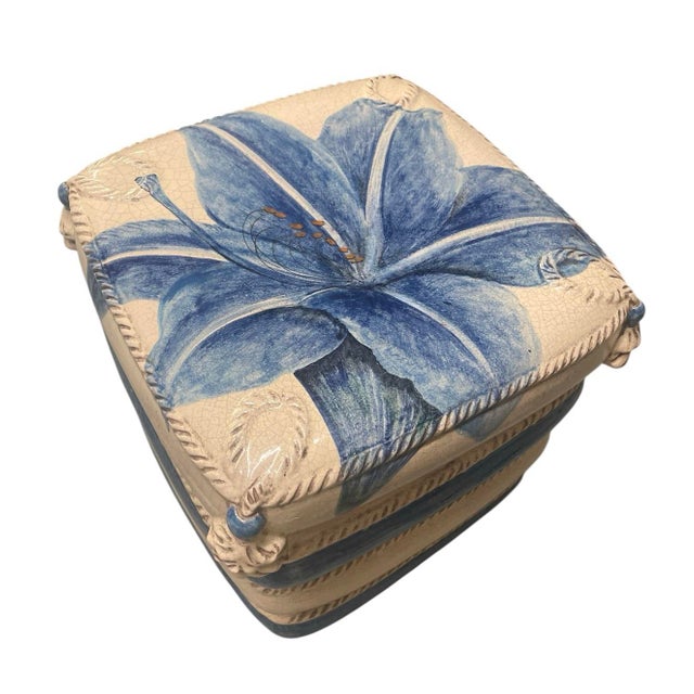 2020s Italian Ceramic Stacked "Pillow" Garden Stool – Blue Lily For Sale - Image 5 of 10