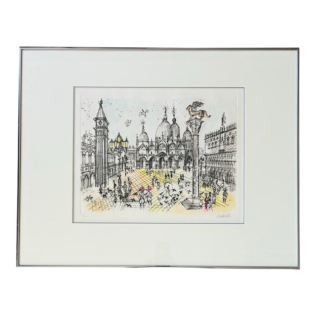 Vintage Original Lithograph of St Marks Square in Venice Italy by Artist Charles Cobelle 1902-1994 For Sale