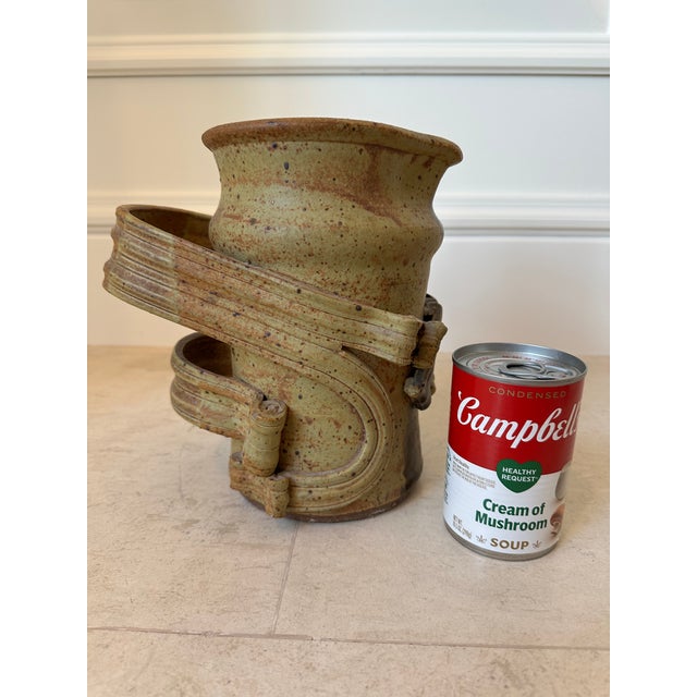 1970’s Vintage Brutalist Large Handmade Pottery Handled Vessel For Sale - Image 13 of 15