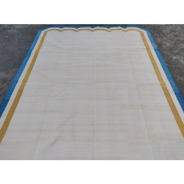 Light Yellow Handmade Cotton Vegetable Dyed Scalloped Edge Rug Light Yellow With Yellow and Teal Blue Border - 9'x12' For Sale - Image 8 of 11