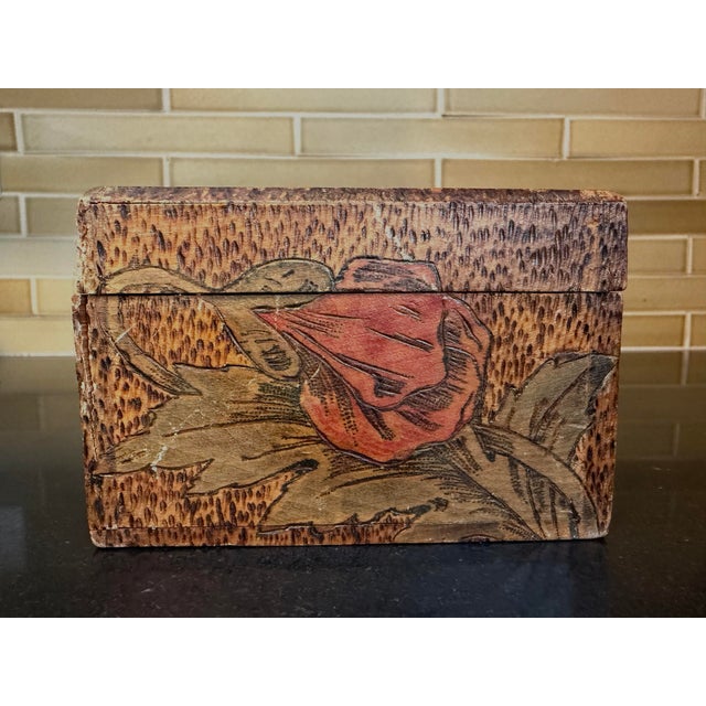 American Antique 1920s Pyrography Box With Floral Motif With Brass Hinges and Clasp For Sale - Image 3 of 8
