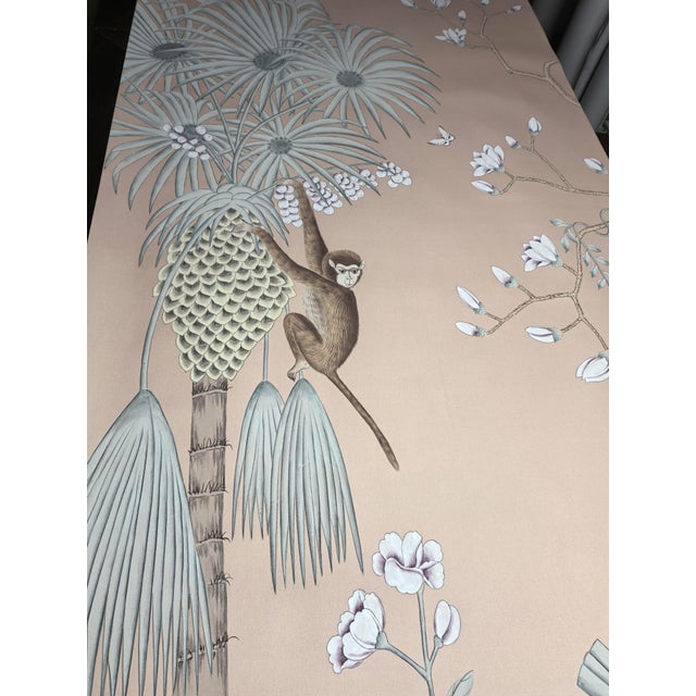 Chinoiserie Hand‑Painted Wallpaper Panels, Taupe Tropical Floral Bird & Monkey Motifs, Set of 5 For Sale - Image 4 of 5