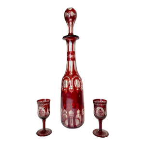 Antique Cut to Clear Crystal Moser Czech Bohemian Etched Red Glass Decanter - Set of 3