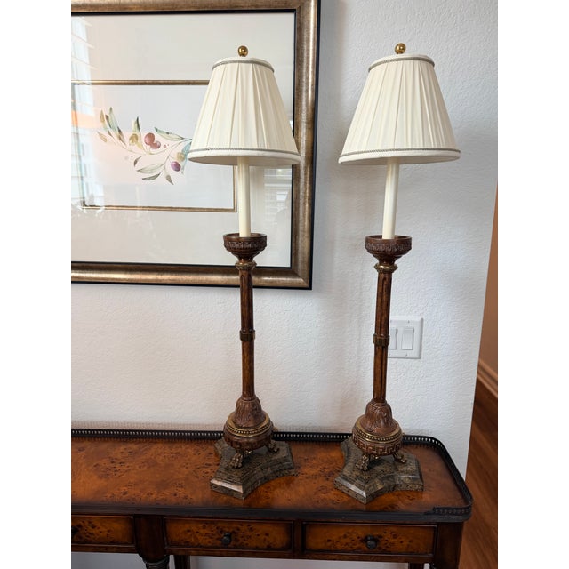 Wood Pair of Maitland-Smith Candlestick-Form Table Lamps With Original Shades Harp and Finials For Sale - Image 7 of 14