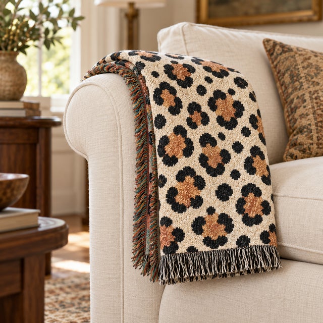 Dorothy Draper Leopard Print Woven Throw Blanket, Cotton Tapestry With Fringe – 60 × 50 For Sale - Image 4 of 5