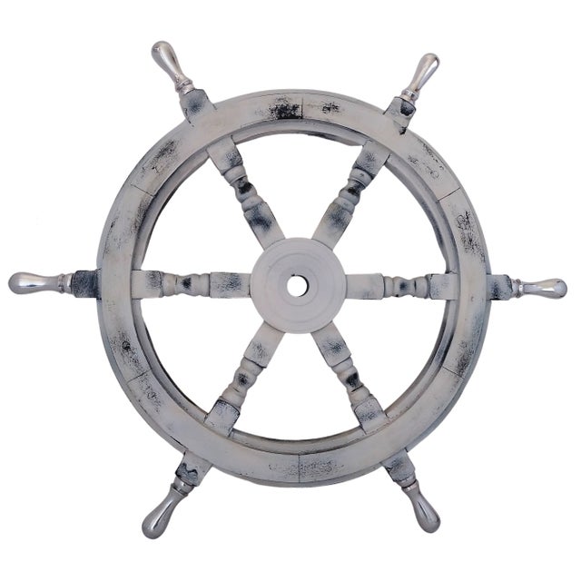 Vintage Nautical Handcrafted White Wooden Ship Wheel With Aluminium Handle For Sale - Image 6 of 6