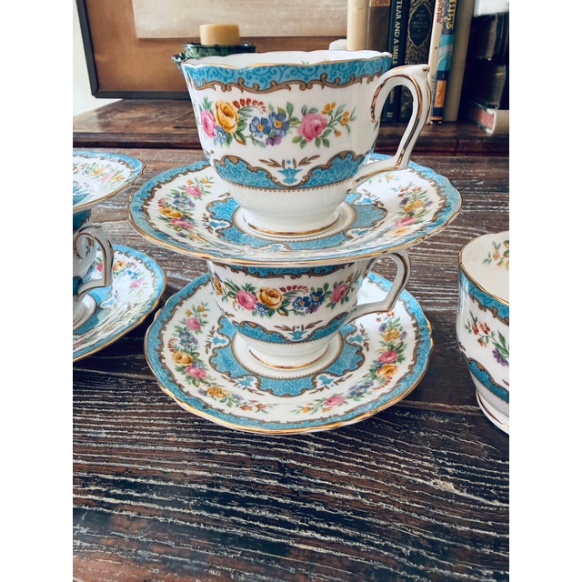 English Vintage Crown Staffordshire Lyric Tunis Blue Fine Bone China Teacups & Saucers – 13 Pieces For Sale - Image 3 of 12