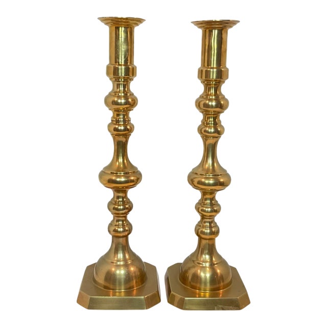 1970s Tall Brass Candle Holders - A Pair For Sale