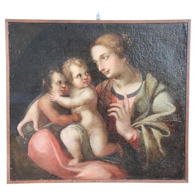 Madonna with Child Jesus and the Infant Saint John the Baptist, 18th Century, Oil Painting on Canvas For Sale - Image 16 of 16