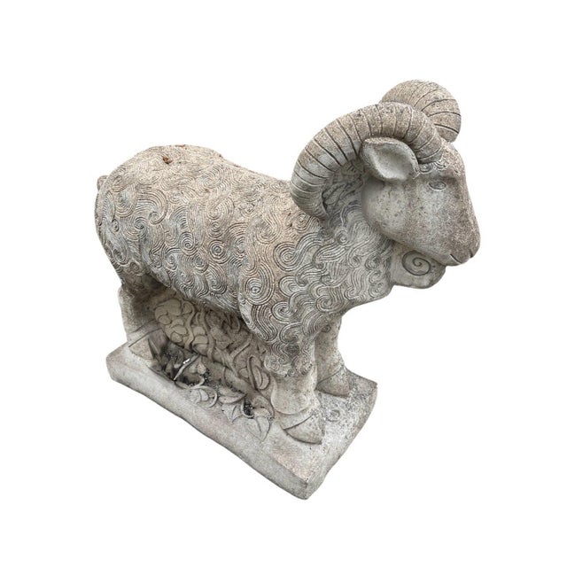 Vintage Stylized Cast Stone Ram Garden Statue For Sale - Image 4 of 10
