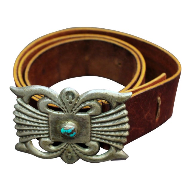 Circa 1970s Navajo Belt Buckle Concho With Leather Strap Belt For Sale