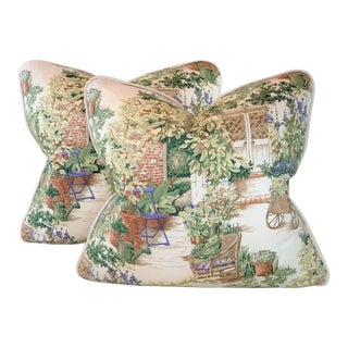 Designer Kingsway "Garden Gate" Cream Green Periwinkle Purple French Country Floral Garden Toile Pillow Covers - a Pair For Sale