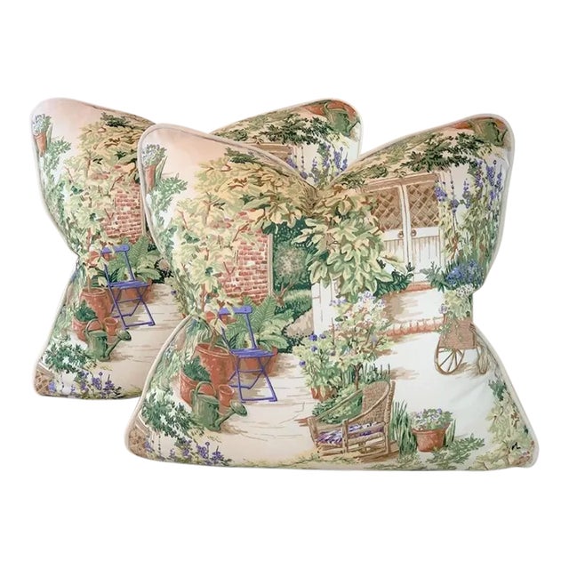 Designer Kingsway "Garden Gate" Cream Green Periwinkle Purple French Country Floral Garden Toile Pillow Covers - a Pair For Sale