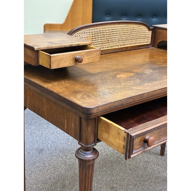 Walnut Writing Desk With Drawers and Wicker Accents With Complimentary Matching Wooden Wicker Chair For Sale - Image 4 of 13