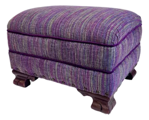 Mid 20th Century Upholstered Ottoman With Carved Wood Base — Purple Woven Fabric