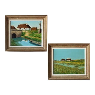 Midcentury French Paintings of an Estate on River, a Pair For Sale