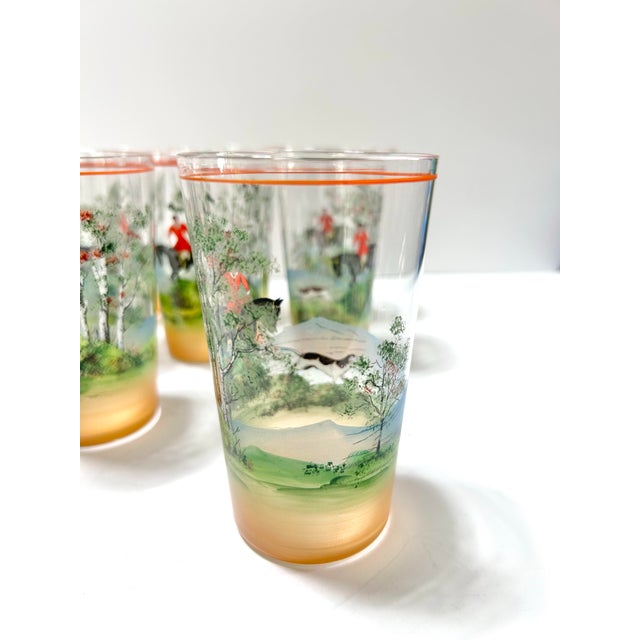 Glass 1930s Equestrian Hand Painted Horse Fox Hunt Glasses - A Set of 8 For Sale - Image 7 of 11