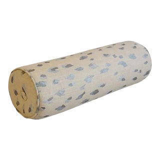 Blue & Silver Animal Cat Spot Linen & Velvet Feather/Down Bolster Pillow For Sale