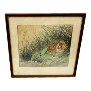 Mid-Century Chinese Stalking Tiger Watercolor Painting on Silk - Framed
