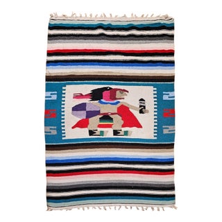 Vintage Southwestern Pictorial Kilim Rug, Handwoven Aztec Design, Blue & Ivory, 4x8 For Sale