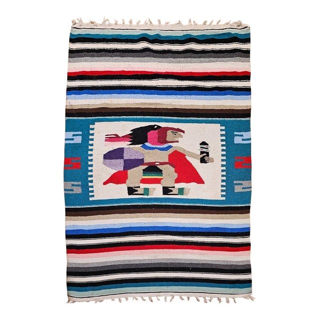 Vintage Southwestern Pictorial Kilim Rug, Handwoven Aztec Design, Blue & Ivory, 4x8 For Sale
