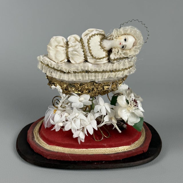 Vintage 20th Century Mary Child in Bell Cradle with Flowers Wooden Base, 1950s For Sale - Image 3 of 16