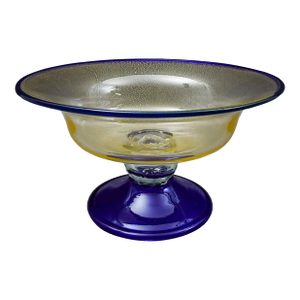 Mid 20th Century Murano Large Cobalt Blue Gold Fleck Art Glass Compote Centerpiece Bowl 12.25"