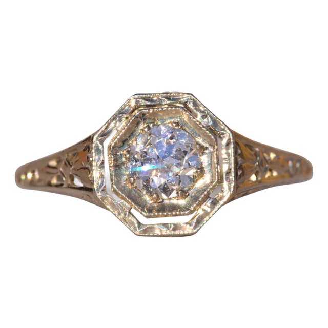 The Stocking: Antique Filigree Engagement Ring in White Gold For Sale