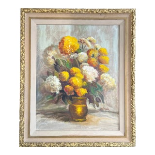 Original Signed Oil Painting Still Life Chrysanthemums in Brass Pot, Mid Century For Sale