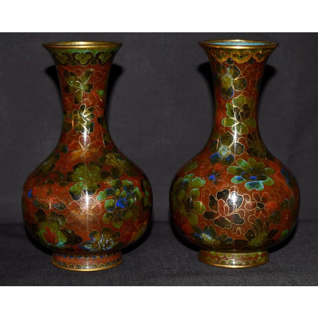 Copper Vtg. Pair of Chinese Cloisonné Small Vases For Sale - Image 8 of 14