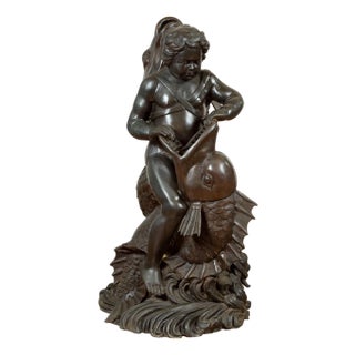 Greco-Roman Bronze Fountain with Putto Riding Dolphin, Lost-Wax Technique For Sale