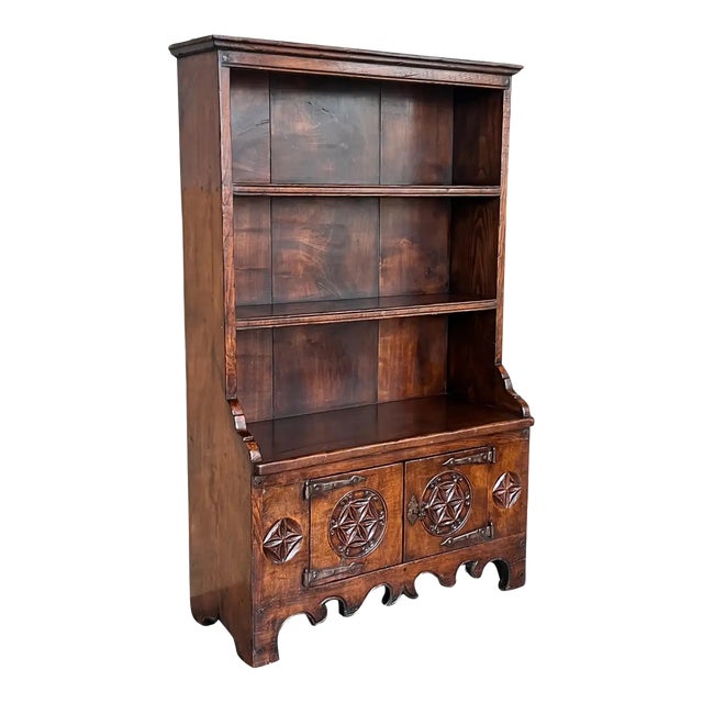 Early 19th Century Rustic-Country Spanish Open Bookcase With Gothic Reliefs For Sale
