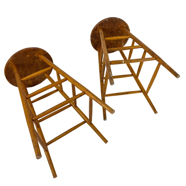 Vintage 1940s Pair of (2) 29.25" Tall Wood Artist Studio Stools For Sale - Image 12 of 18
