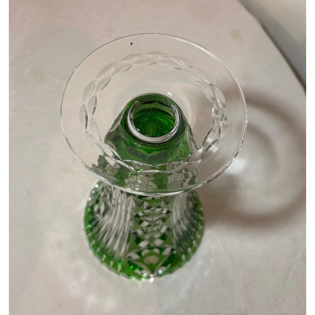 Glass Vintage Handmade Green Czech Cut to Clear Crystal Glass Tall Ornate Flower Vase For Sale - Image 7 of 10