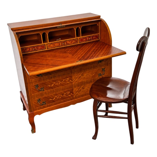 1970s Traditional Roll-Top Secretary Desk With Mother-of-Pearl Inlay Chair For Sale