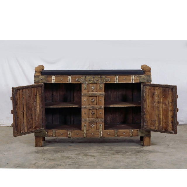 Antique Indian Teakwood and Brass Damachiya, 38″h (With Finials) X54x19 For Sale In Santa Fe - Image 6 of 6