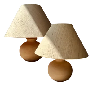 Mediterranean Style Terracotta Table Lamps with Wild Silk Lampshades, Italy, 1970s, Set of 2