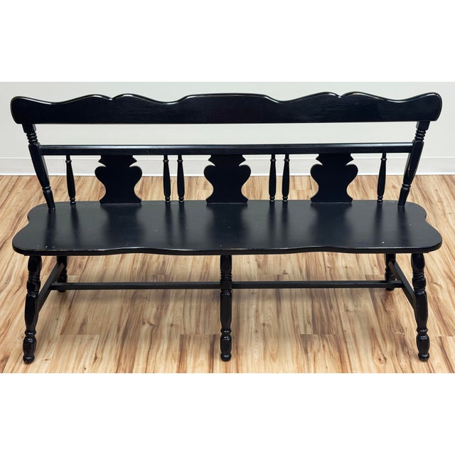 Farmhouse Vintage Early American Style Black Carved Wood Bench For Sale - Image 3 of 12