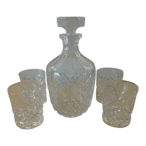 Late 20th Century Crystal Canister Set Decanter With 4 Whiskey Glasses- 5 Pieces