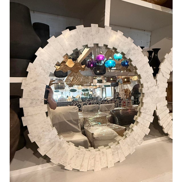 White Round White Marble Step Wall Mirror For Sale - Image 8 of 8