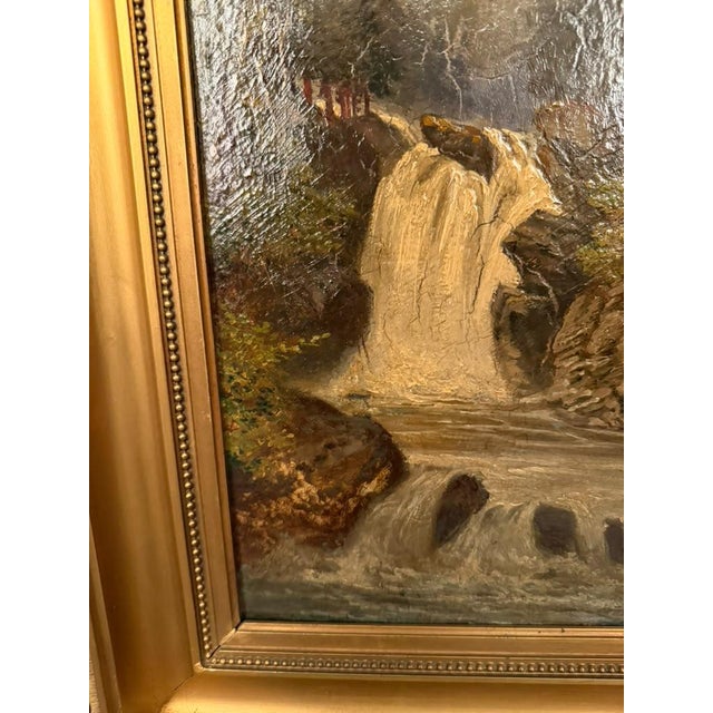 19th Century European Alpine Landscape Oil on Board With Hand-Carved Gilt Frame, Circa 1870 For Sale - Image 10 of 13