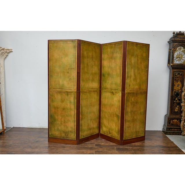 Antique English Leather Four-Panel Room Divider, Early 1900s Decorative Screen For Sale - Image 11 of 12