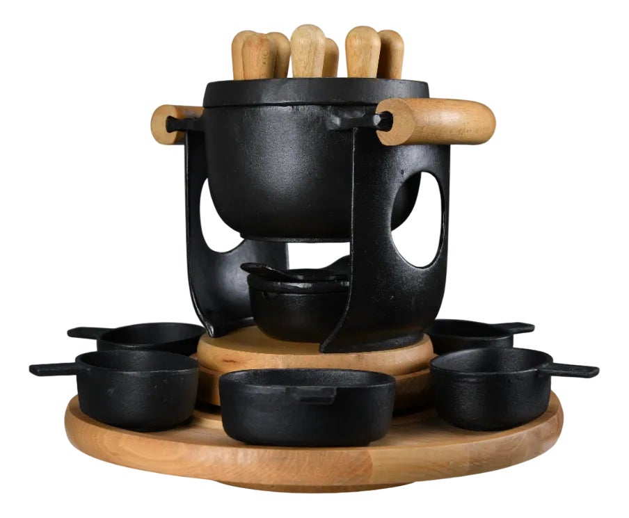 Mid-Century Modern Cast Iron and Wood Fondue Set by Richard Nissen