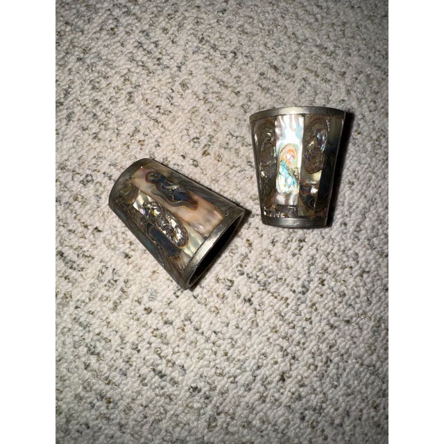 Los Castillo Antique 1950s Attributed to Los Castillo Mother of Pearl Brass Shot Glass of 8ct” Abalone Shells Art Deco For Sale - Image 4 of 4