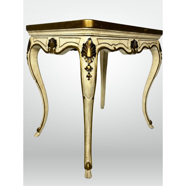 Stunning Mid-Century Florentine Hand Painted Tea Table. Gold Shell Detail. Gold painted floral and foliate on the top 4...