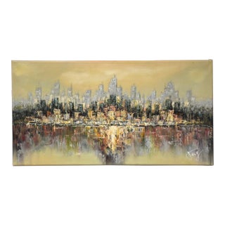 Abstract Waterfront Skyline Signed Painting For Sale