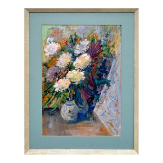 1970s Modern White Chrysanthemums Still Life Painting by Jaroslav Pavlis For Sale
