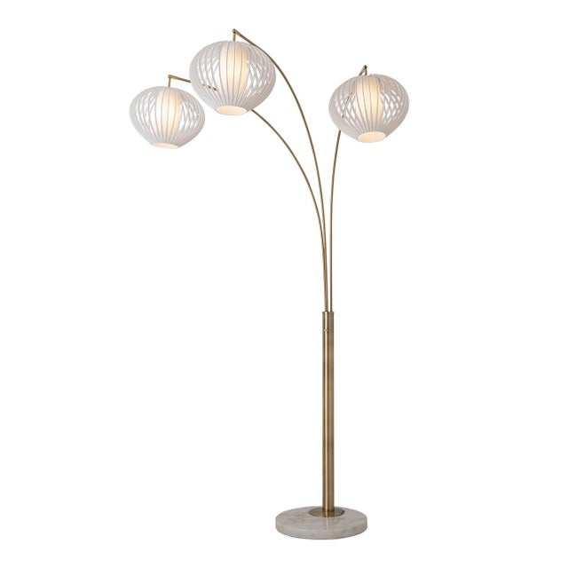 1990s Bloom 3-Light Arc Floor Lamp - Weathered Brass, White Marble Base, White Satin Shade, Dimmer Switch For Sale - Image 5 of 10