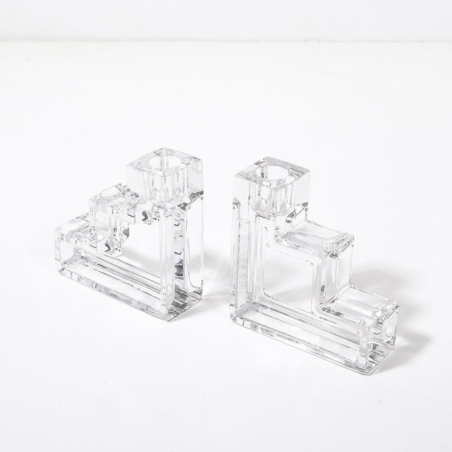 Glass Pair of Art Deco Glass Step Form Candlestick Holders by Wilber Orme for the Met For Sale - Image 7 of 10