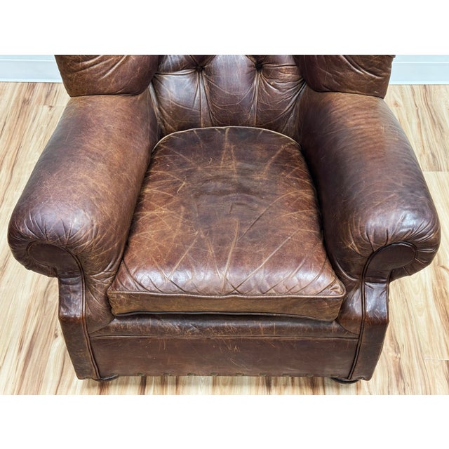 Vintage Restoration Hardware Leather Churchill Cigar Chair and Ottoman With Nailheads For Sale - Image 10 of 18
